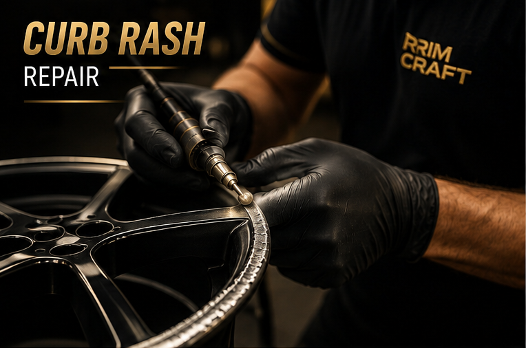 Alloy wheel with curb rash close-up
